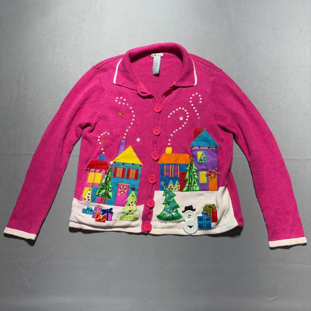 CB Career Pink Christmas Village Cardigan Sweater Womens Medium Holiday Applique